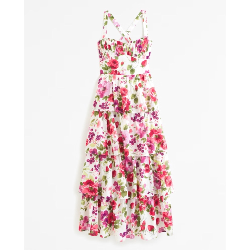 New Abercrombie & Fitch Lace-Up Back Tiered Maxi Dress in Pink Floral Small